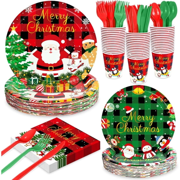 175 PCS Christmas Plates and Napkins Set - Disposable Christmas Party Supplies with Cups, Plastic Spoons Forks Knives, Merry Xmas Paper Plates and Napkins for Xmas Holiday Party Decor, Serves 25