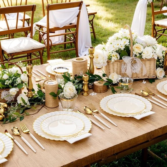 175 PCS Ivory Scalloped Plastic Plates - Gold Disposable Plates Fancy High-end Dinnerware Sets for Wedding & Party (25 Guests)