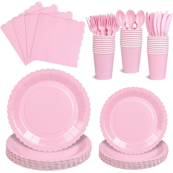 175 PCS Pink Paper Plates and Napkins Set, Pink Party Supplies for 25 Guests Include Scalloped Plate Paper Napkins Cups Knife Fork Spoon for Baby Shower, Birthday, Wedding, Easter Party, Mother's Day