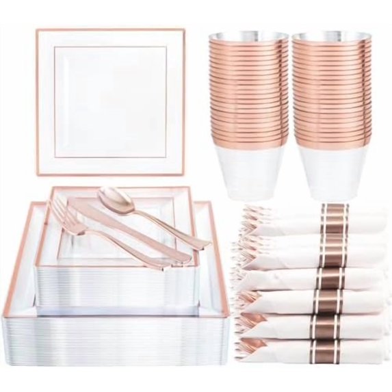 175 PCS Rose Gold Plastic Plates, Rose Gold Plastic Dinnerware Sets Includes: 25 Dinner Plates, 25 Salad Plates, 25 Pre Rolled Napkins with silverware 25 Cups 9 OZ, Perfect for Valentine's Day