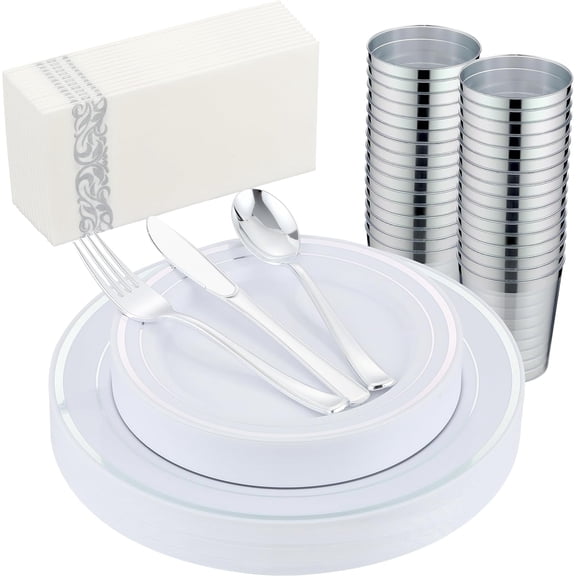 175 PCS Silver Dinnerware Set for 25 Guests, Silver Rimmed Heavy Duty Plastic Disposable Plates for Party Wedding with 25 Dinner Plates,Dessert Plates, Silverware Set, Cups, Napkins