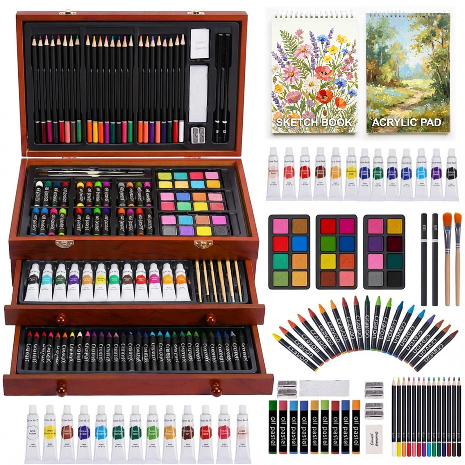 175-Pack Deluxe Wooden Art Set Drawing Painting Kit with 2 Drawing Pads, Acrylic Paints, Colored Pencils, Crayons, Paint Brush, Art Kit in Wooden Case, Gift for Artist, Adults, Teens and Kids