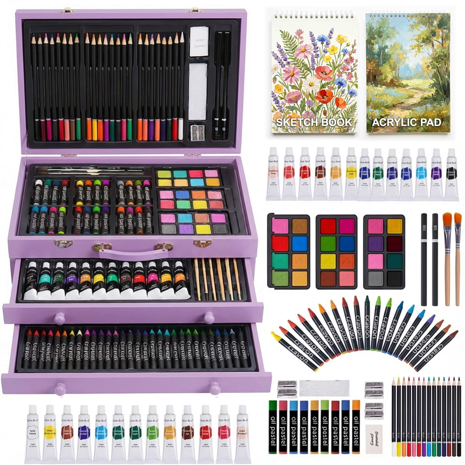 175-Pack Deluxe Wooden Art Set Drawing Painting Kit with 2 Drawing Pads, Acrylic Paints, Colored Pencils, Crayons, Paint Brush, Art Kit in Wooden Case, Gift for Artist, Adults, Teens and Kids