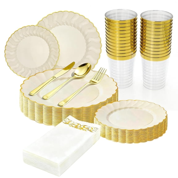 175 Pc Ivory Scalloped Plastic Plates Set | Complete Plates and Napkins Party Supplies for 25 Guests with Gold Cutlery, Cups & Napkins | Fancy Plastic Dinnerware Sets for Weddings (Beige-Set2) Y101