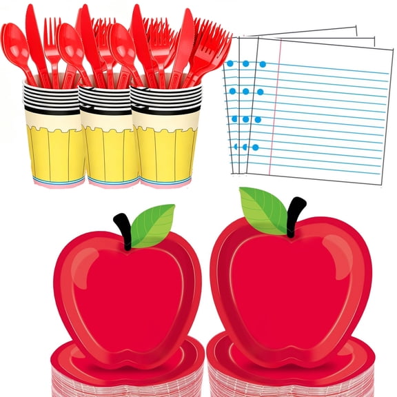 175 Pcs Back to School Party Supplies Tableware Set - Serves 25, Red Apple and Notebook Paper Theme Disposable Plates,Cups,Napkins,Forks,Spoons,Knives for Classroom,Teacher,School Decorations