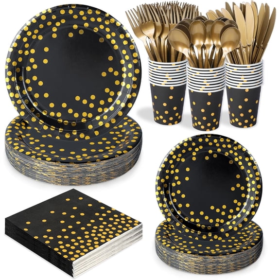 175 Pcs Black and Gold Paper Plates Party Supplies, Serves 25 Black Gold Dot Disposable Dinner Tableware Set Plates Napkins Cups Gold Forks Spoons Knives for Birthday Wedding Bachelorette Party