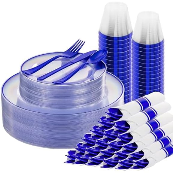 175 Pcs Blue and Clear Plastic Dinnerware Set for 25 Guests, Include: 25 Dinner Plates, 25 Dessert Plates, 25 Pre Rolled Napkins With Silverware, 25 Cups, Disposable Plates for Party, Wedding