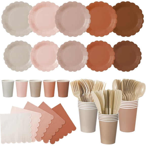 175 Pcs Brown Paper Plates Boho Disposable Dinnerware Sets with Plastic Knife Fork Spoon Boho Bridal Shower Wedding Decorations Brown Party Supplies Disposable Tableware Set Serve 25 Guests