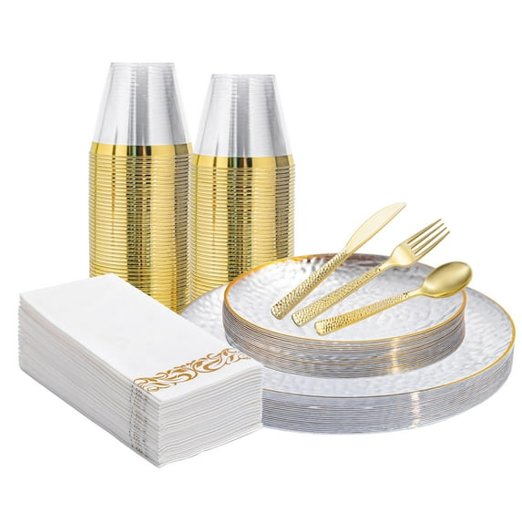 175 Pcs Clear Gold Plastic Dinnerware AFN1Set, Hammered Disposable Plate With Gold Rim, 25 Guests Dessert Plates, Dinner Plates, Cups, Cutlert and Napkins for Wedding Party