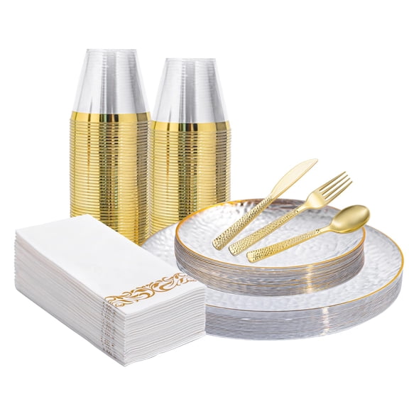 175 Pcs Clear Gold Plastic Dinnerware AFN1Set, Hammered Disposable Plate With Gold Rim, 25 Guests Dessert Plates, Dinner Plates, Cups, Cutlert and Napkins for Wedding Party