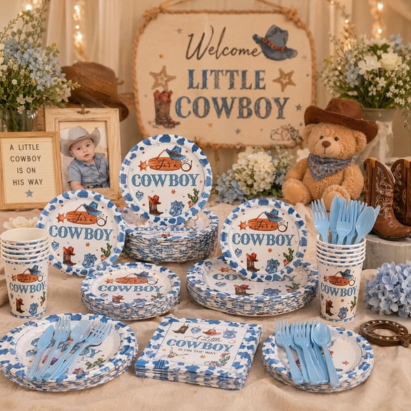 175 Pcs Cowboy Western Party Tableware Set for Daily Celebration and Summer Gathering Decorations, Disposable Plates Cups Napkins Cutlery for 25 Guests Ranch BBQ Cowboy Themed Party Supplies