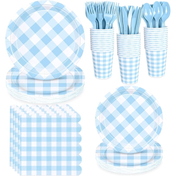 175 Pcs Gingham Party Supplies for 25 Guests, Paper Plates and Napkins Knives Spoons Forks Cups Disposable Party Set Cutlery for Baby & Bridal Shower, Wedding, Birthday Party, Outdoor Picnic ( Blue )