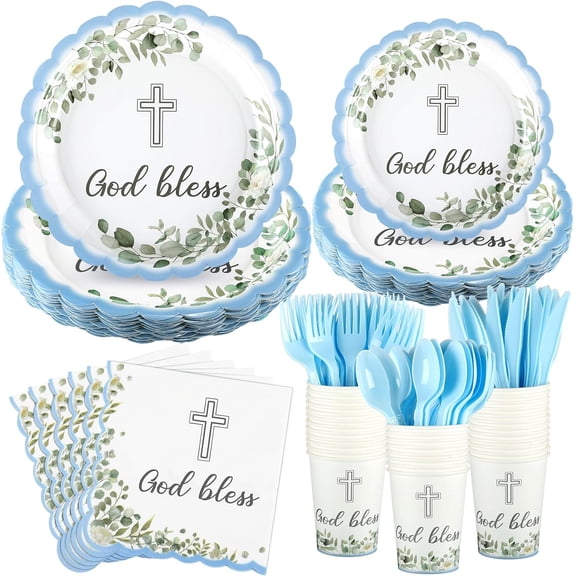 175 Pcs God Bless Baptism Decorations Tableware Disposable First Communion Paper Plates Napkins Cups Cutlery Baptism Party Decoration for Christening Celebration Baby Shower (Blue)