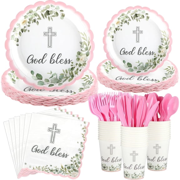 175 Pcs God Bless Baptism Decorations Tableware Disposable First Communion Paper Plates Napkins Cups Cutlery Baptism Party Decoration for Christening Celebration Baby Shower(Pink)
