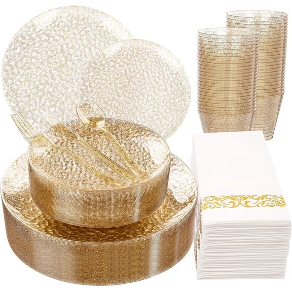 175 Pcs Gold Glitter Plastic Plates, Hammered Disposable Plates Set (25 Guests), Glitter Dinnerware Set Include 50 Plastic Plates, 75 Glitter Silverware, 25 Cups And 25 Napkins for Party