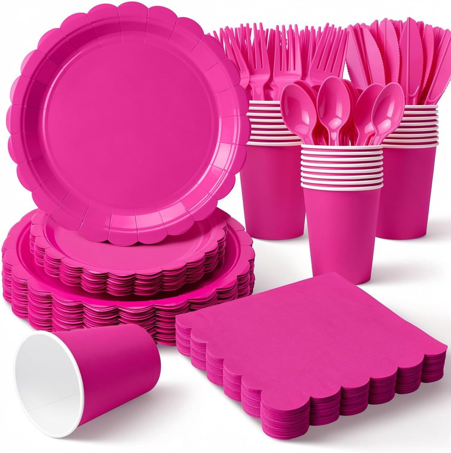175 Pcs Hot Pink Disposable Paper Plates and Napkins Set for 25, 9" Dinner Plates & 7" Dessert Plates, Tableware for Birthday, Bachelorette, Party
