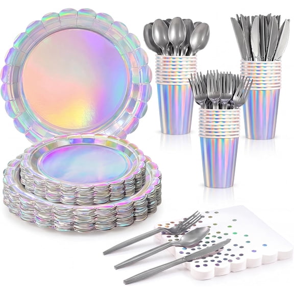 175 Pcs Iridescent Party Plates and Napkins, Iridescent Party Decorations Include Scalloped Holographic Paper Plates and Napkins Set for Birthday, Mermaid, Disco, Frozen