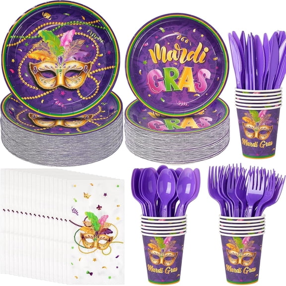 175 Pcs Mardi Gras Mask Plates and Napkins Set, Mardi Gras Party Supplies Decorations, Masquerade Disposable Paper Plates Napkins Cups Forks for Mardi Gras Carnival Party Supplies, Serve 25