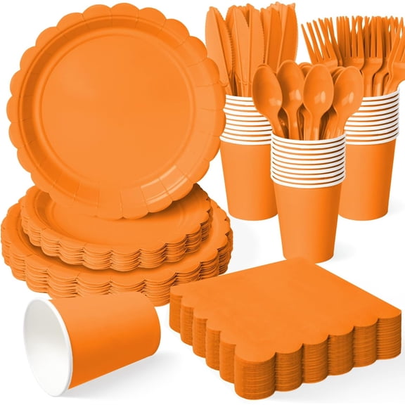 175 Pcs Orange Disposable Paper Plates and Napkins Set for 25, 9" Dinner Plates & 7" Dessert Plates, Tableware for Halloween, Fall Party, Birthday, Picnic