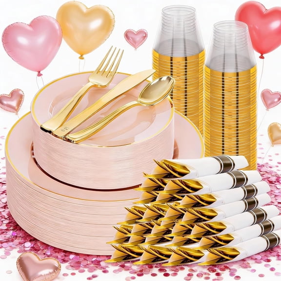 175 Pcs Pink and Gold Plastic Dinnerware Set for 25 Guests, Include: 25 Dinner Plates, 25 Dessert Plates, 25 Pre Rolled Napkins With Silverware, 25 Cups, Disposable Plates for Baby Shower, Party