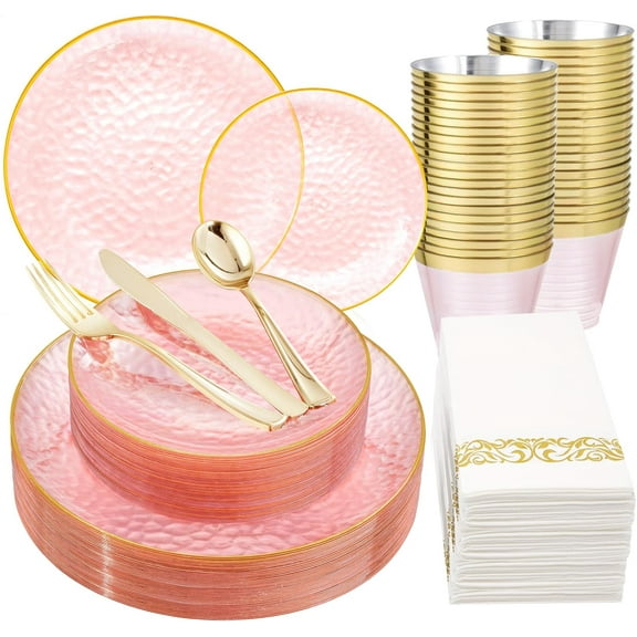 175 Pcs Pink Plastic Plates Dinnerware Set (25 Guests), Pink Disposable Plates With Gold Rim, Hammered Party Platos Set Include Dinner Plates, Dessert Plates, Cups, Cutlery for Party