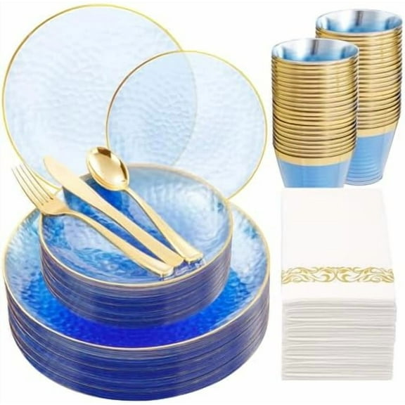 175 Pcs Plastic Dinnerware Set (25 Guests), Blue Disposable Plates With Gold Rim, Hammered Party Plates Set Include Dinner Platos, Dessert Platos, Cups, Cutlery And Napkins for Party