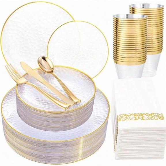 175 Pcs Plastic Dinnerware Set 25 Guests Clear And Gold Plastic Plates Hammered Party Plates Include Dinner Platos Dert Platos Cups Gold Cutlery Set And Napkins for Christmas
