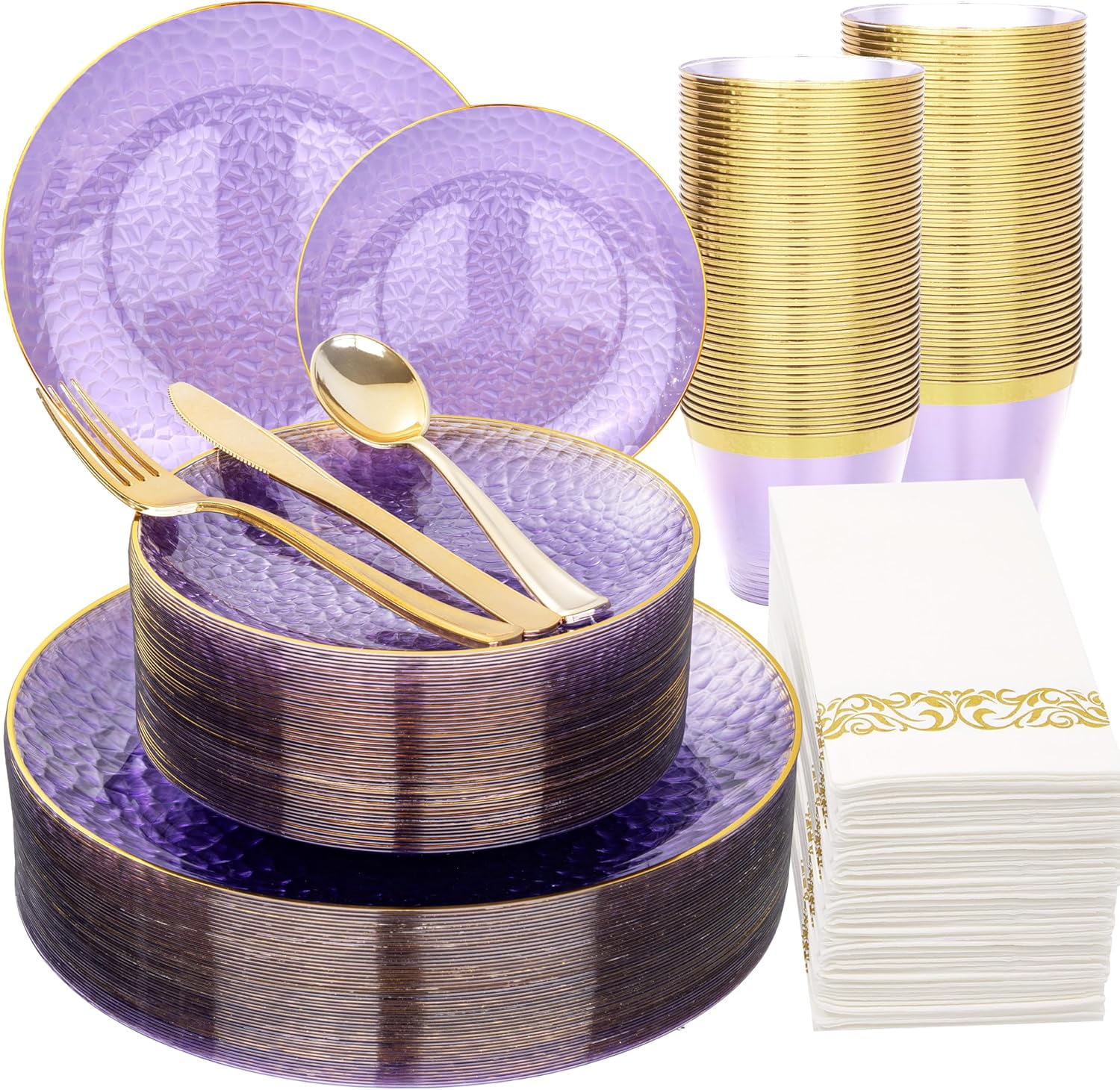 175 Pcs Purple Plastic Dinnerware Set (25 Guests), Clear Purple Plates ...