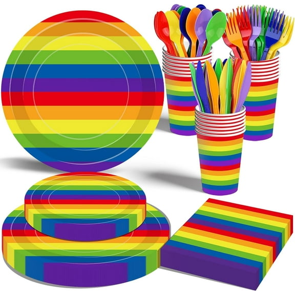 175 Pcs Rainbow Stripes Party Supplies Set - Serves 25, Colorful Disposable Plates, Cups, Napkins, Forks, Spoons, and Knives for LGBTQ+ Pride Month, Rainbow-Themed Birthday, Wedding Decorations