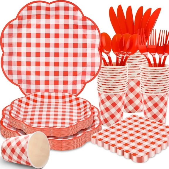 175 Pcs Red Gingham Plates and Napkins Party Supplies - Red and White Checkered Plates Sets Serve 25 Guests - Scalloped Gingham Paper Plate for Birthday Picnic Mother's Day Party Decorations