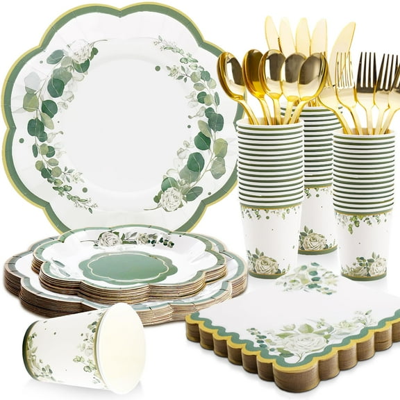 175 Pcs Sage Green Party Decorations, AFN1Sage Green Paper Plates, Bridal Shower Plates and Napkins Sets for Garden Birthday Baby Shower Baptism Party Decorations, Serves 25