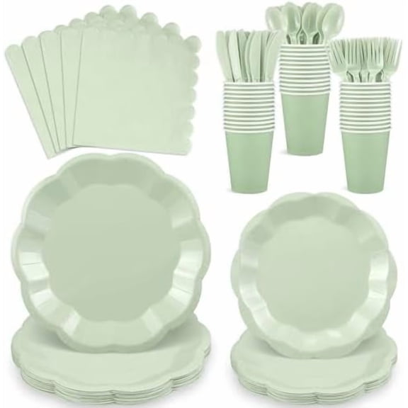175 Pcs Sage Green Plates and Napkins Set, 25 Guest Sage Green Party Supplies Include Scalloped Plate Napkin Cup Forks Knives Disposable Plastic Cutlery for Wedding Baby Shower Birthday