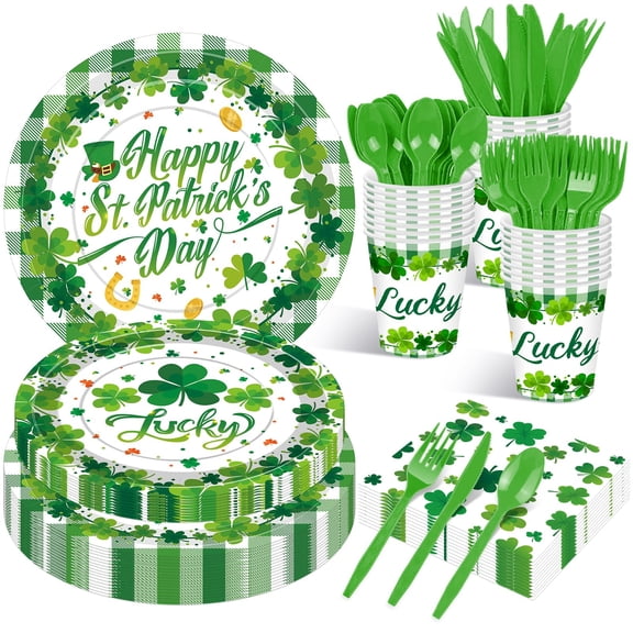 175 Pcs St. Patrick's Day Tableware Set - Serves Green Lucky Shamrock and Plaid Disposable Plates, Cups, Napkins, Forks, Spoons, Knives for St. Paddy's Day, Irish-Themed Birthday Party Supplies VT1