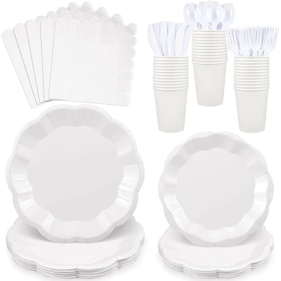 175 Pcs White Plates and Napkins Set, 25 Guest White Party Supplies Include Scalloped Plate Paper Napkin Cup Forks Knives Disposable Plastic Cutlery for Wedding Baby Shower Birthday Party
