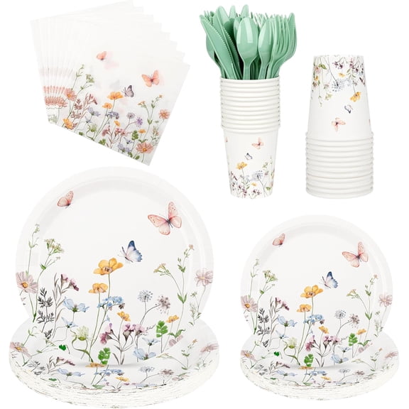 175 Pcs Wildflower Paper Plates and Napkins 25 Guests Spring Summer Floral Arrangements Tableware Party Supplies Set for Easter Baby Shower Wedding Birthday Garden Tea Party