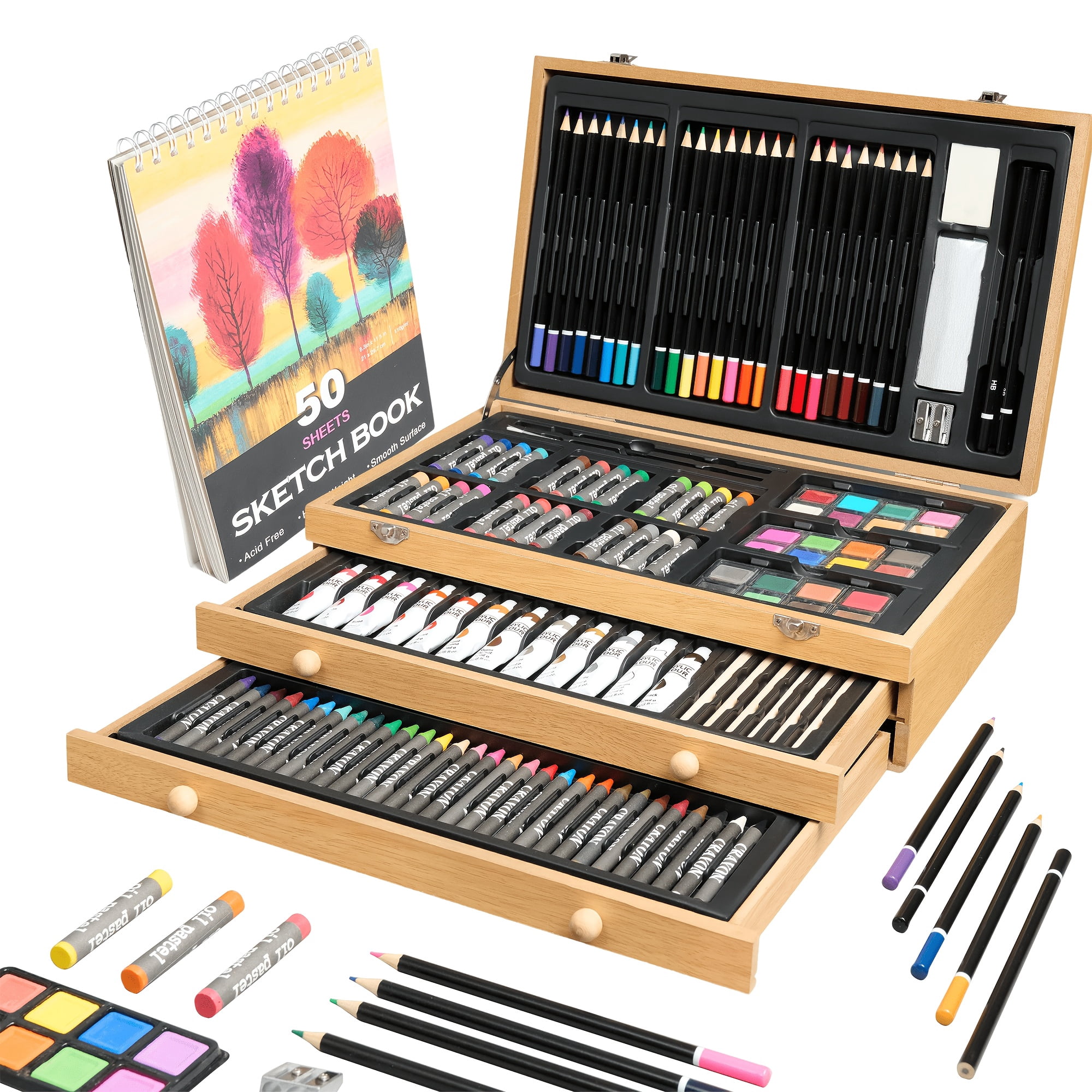 175-Piece Art Brush & Painting Supply Organizer, Portable Case for Watercolor, Crayons & Markers