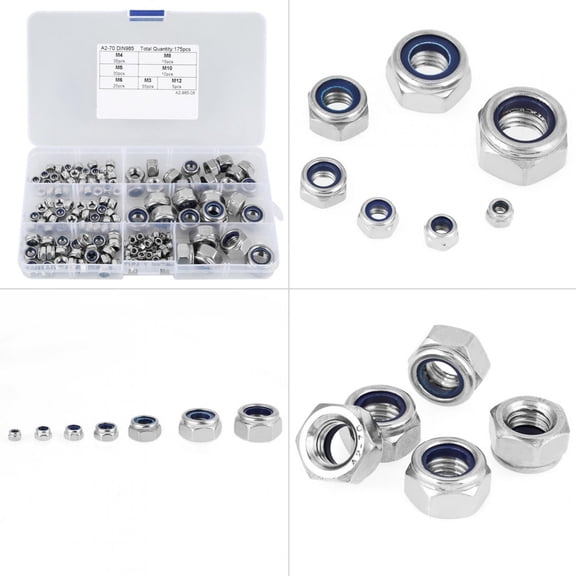 175-Piece Assorted Stainless Steel Hex Lock Nuts Kit M3 M4 M5 M6 M8 M10 M12 Nylon Insert Lock Nuts Assortment Set with Storage Box (175 Pcs / 425 g)