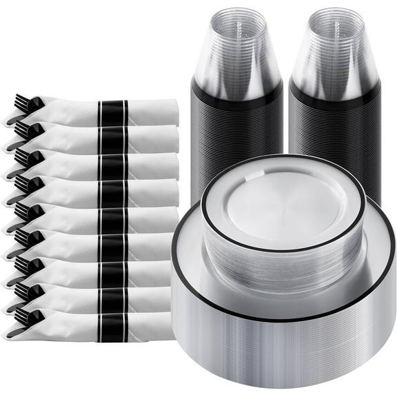 175 Piece Black Plastic Dinnerware Set for Party, Clear Disposable Plates for 25 Guests, Include: 25 Dinner Plastic Plates, 25 Dessert Plates, 25 Pre Rolled Napkins with Cutlery Set, 25 Cups