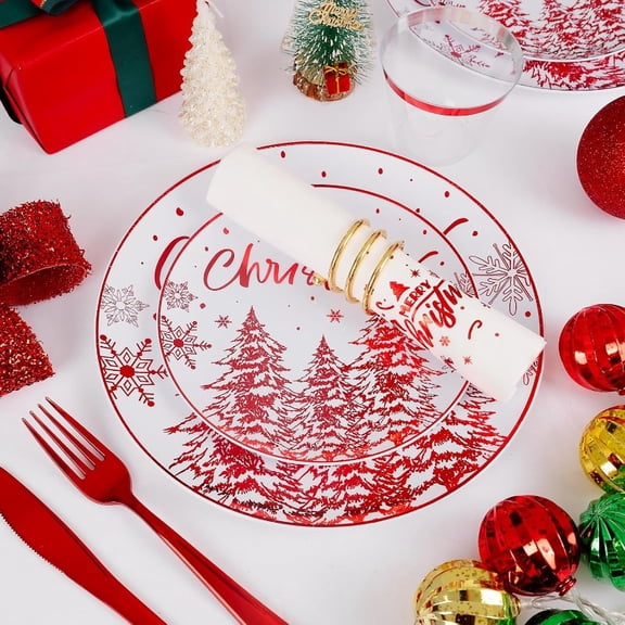 175-Piece Christmas Party Dinnerware Set with Plates, Cups, Cutlery, and Napkins in Festive Red and White Colors for Holiday Gatherings