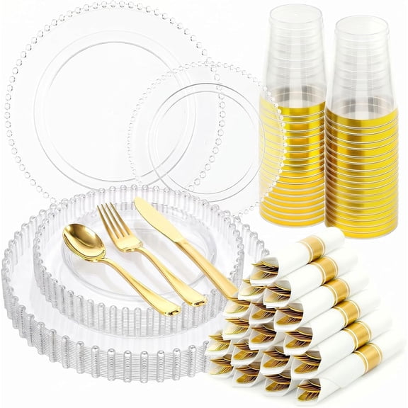 175-Piece Clear Plastic Dinnerware Set for 25 Guests with Plates Silverware Cups and Napkins