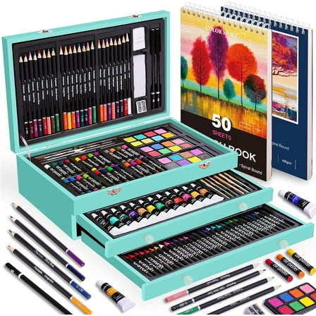 175 Piece Deluxe Art Set with 2 Drawing Pads, Acrylic Paints, Crayons, Colored Pencils, Paint Set in Wooden Case, Professional Art Kit, Art Supplies for Adults, Teens and Artist