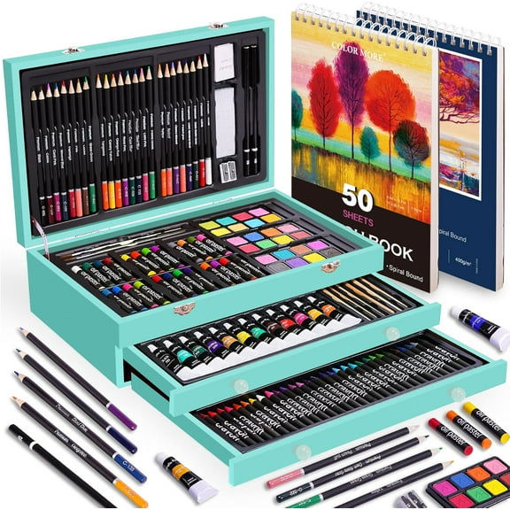 175 Piece Deluxe Art Set with 2 Drawing Pads, Acrylic Paints, Crayons, Colored Pencils, Paint Set in Wooden Case, Professional Art Kit, Art Supplies for Adults, Teens and Artist