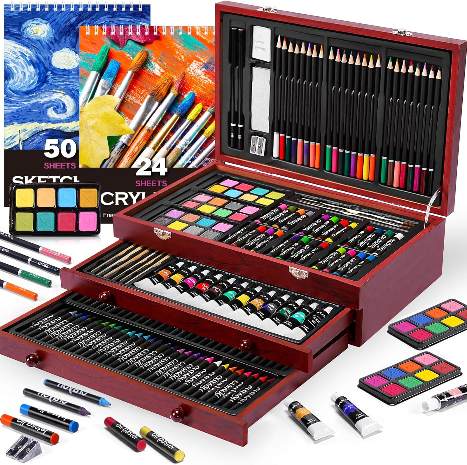 175 Piece Deluxe Art Supplies, Art Set with 2 A4 Drawing Pads, 24