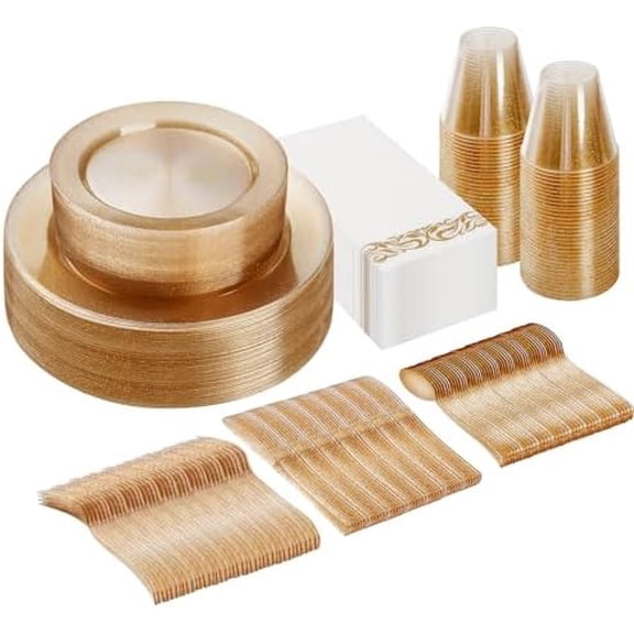 175 Piece Dinnerware Set for 25 Guests, Plastic Plates Disposable for Party, Include: 50 Gold Glitter Plastic Plates, 25 Paper Napkins, 25 Cups, 25 Gold Glitter Silverware Set