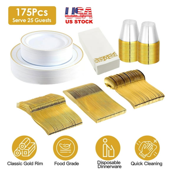 175-Piece Disposable Gold Dinnerware Set - Gold Rim Plastic Plates Cups Forks Spoons Knives + Paper Napkins for Parties Weddings Graduations  Celebrations