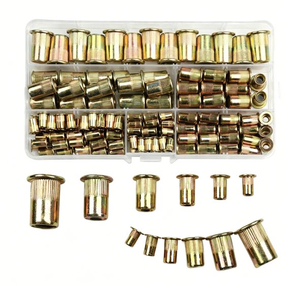 175-Piece Flat Head Vertical Thread Nut Rivet Set - M3 to M10 Carbon Steel with Color Zinc Coating