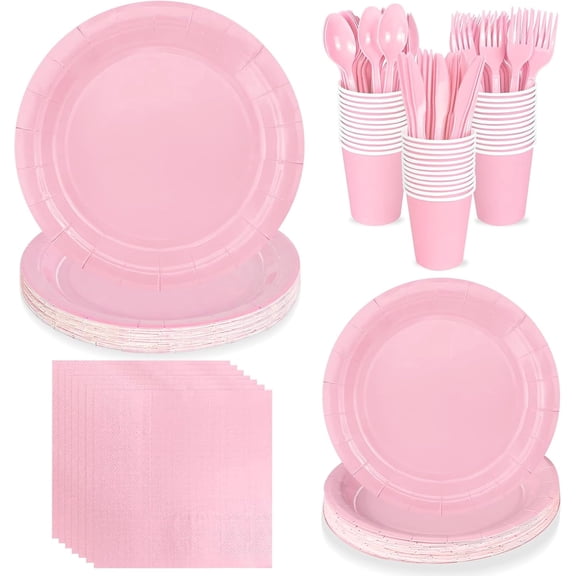 Yzhappy 175Pcs Disposable Party Supplies Includes Pink Paper Plates Cup Napkins Forks Spoons Knives, Dinnerware Set for Garden Party Birthday BBQ Baby Shower Wedding, Serve 25 Guests