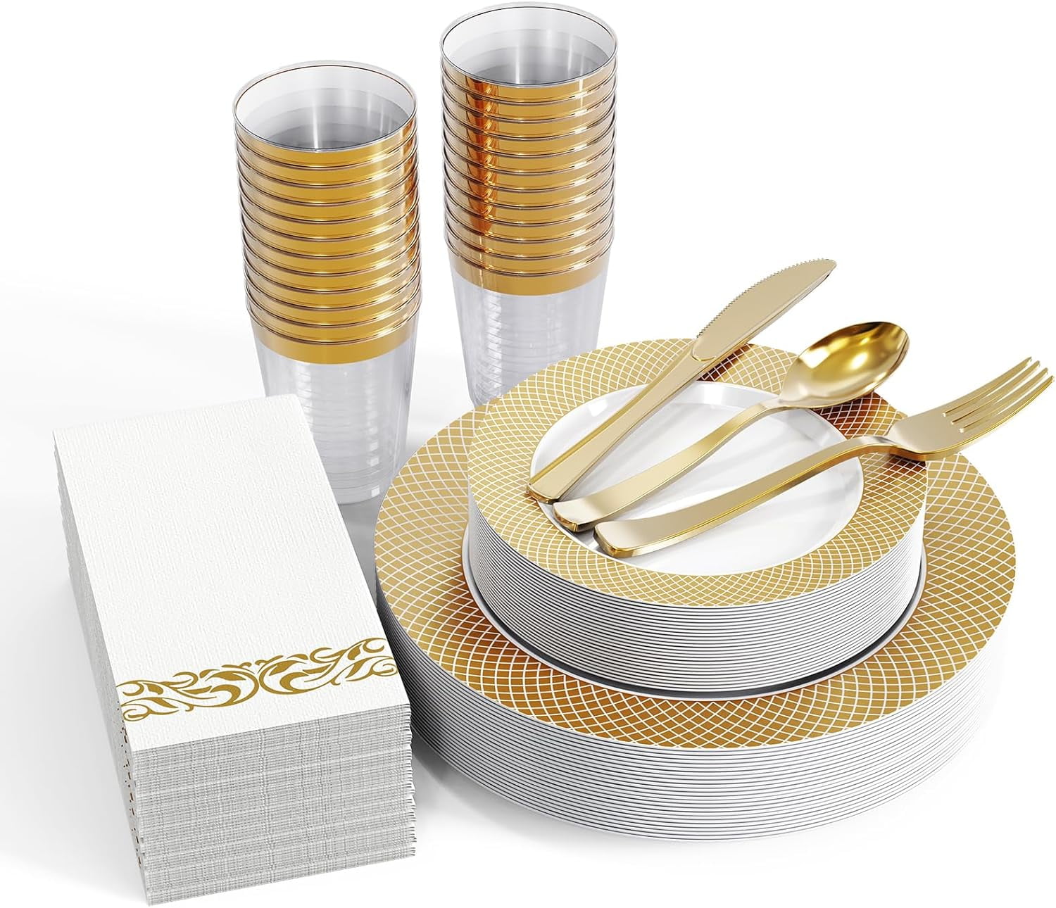 175 Piece Gold Dinnerware Set for 25 Guests Gold Grid Plastic Plates