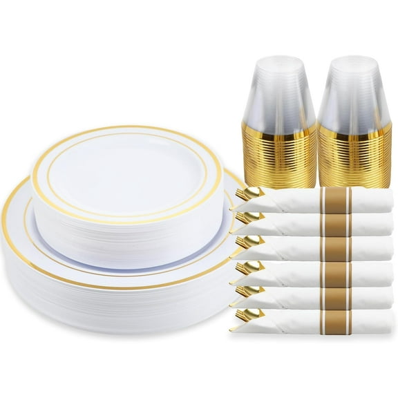 CN 175 Piece Gold Dinnerware Set - 50 Plastic Plates, 25 Cups, 25 Pre Rolled Napk with Plastic Silverware, Disposable Gold Dinnerware Set for 25 Guest