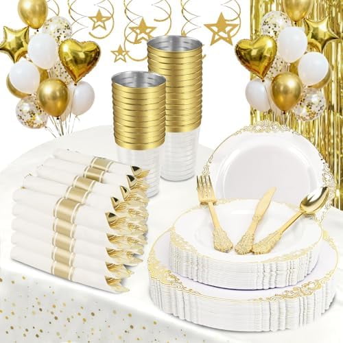 175-Piece Gold Party Supply Set – Includes Dinner Plates, Cutlery, Cups, Napkins, Tablecloth & Balloon Arch Decor for 25 Guests – Great for Birthday, Wedding, Anniversary Celebrations